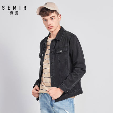 SEMIR denim Jacket men coat dark Blue Casual Teens Denim Jacket cotton Turn-down Collar Long Sleeve Denim Bomber jackets man