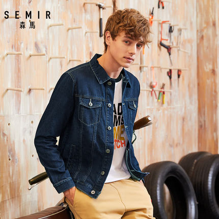 SEMIR denim Jacket men coat dark Blue Casual Teens Denim Jacket cotton Turn-down Collar Long Sleeve Denim Bomber jackets man