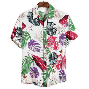 Summer Man Shirt Mens Ethnic Printed Stand Collar Cotton Linen Stripe Short Sleeve Loose Hawaiian Henley Shirt hawaiian shirt