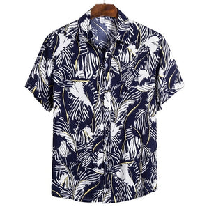 Summer Man Shirt Mens Ethnic Printed Stand Collar Cotton Linen Stripe Short Sleeve Loose Hawaiian Henley Shirt hawaiian shirt