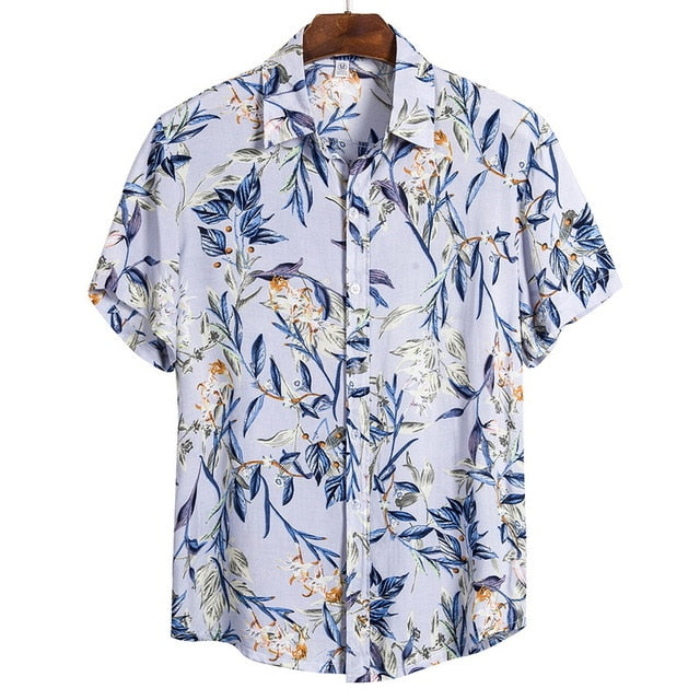 Summer Man Shirt Mens Ethnic Printed Stand Collar Cotton Linen Stripe Short Sleeve Loose Hawaiian Henley Shirt hawaiian shirt